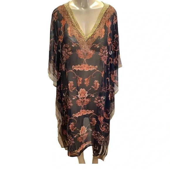 V-Neck Crystal Embellished Sheer Boho Kaftan Dress One Size Fits Most New - Picture 9 of 9